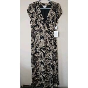 Madison Gray Dress Women 12 Maxi Silk Wrap Tropical Print Luxe Chic Neutral